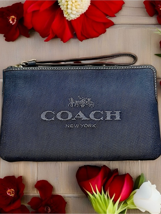 Coach Handbags - COACH Large Corner Zip Wristlet | Dark Denim Horse & Carriage Logo